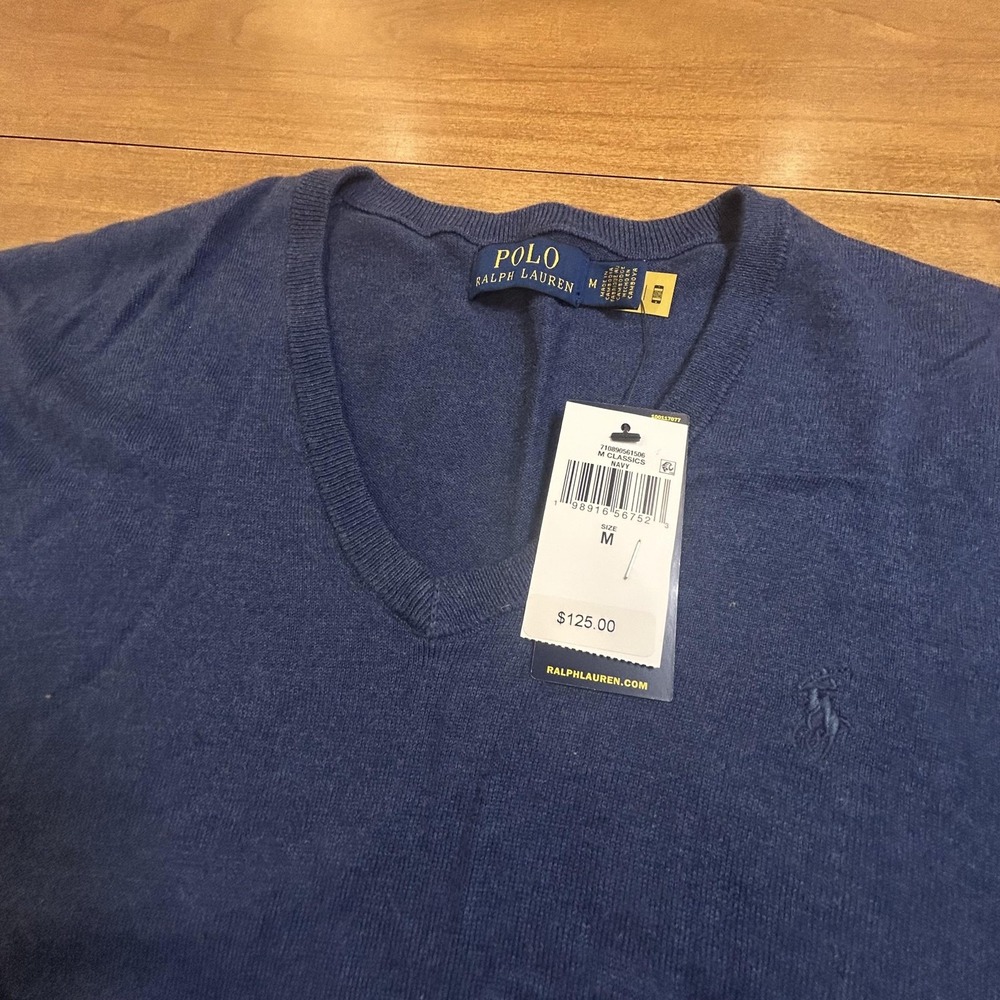 Polo Ralph Lauren Sweater Mens M Navy Blue Cotton V Neck Knit Pullover NEW Dad